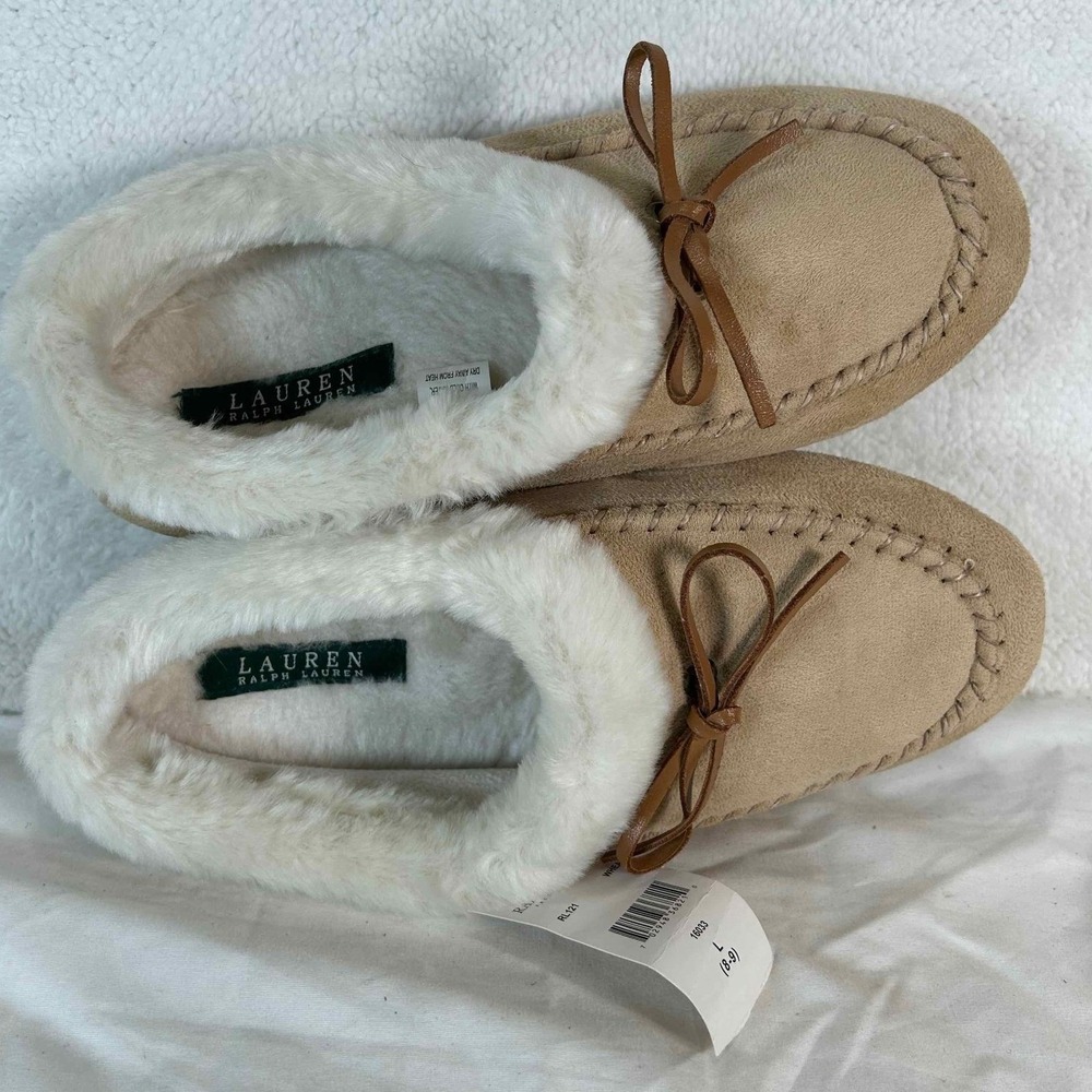 Lauren Ralph Lauren RL121 Wheat Suede Faux Fur Moccasin Slippers Women L 8-9 NEW - Picture 7 of 12